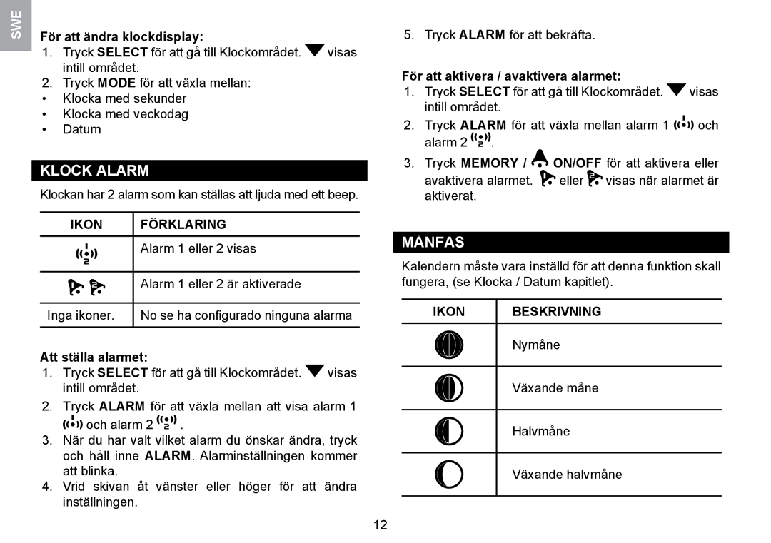 Oregon Scientific WMR100TH user manual Klock Alarm, Månfas, Ikon Beskrivning 