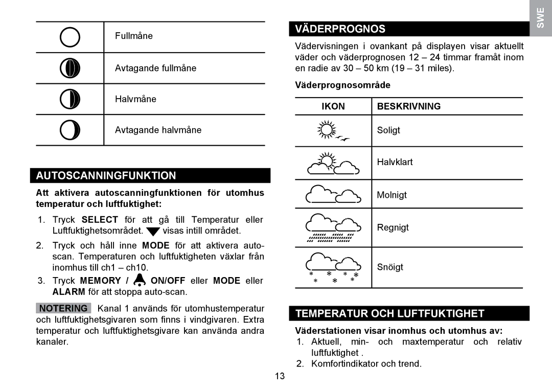 Oregon Scientific WMR100TH user manual Autoscanningfunktion, Temperatur OCH Luftfuktighet, Väderprognosområde 