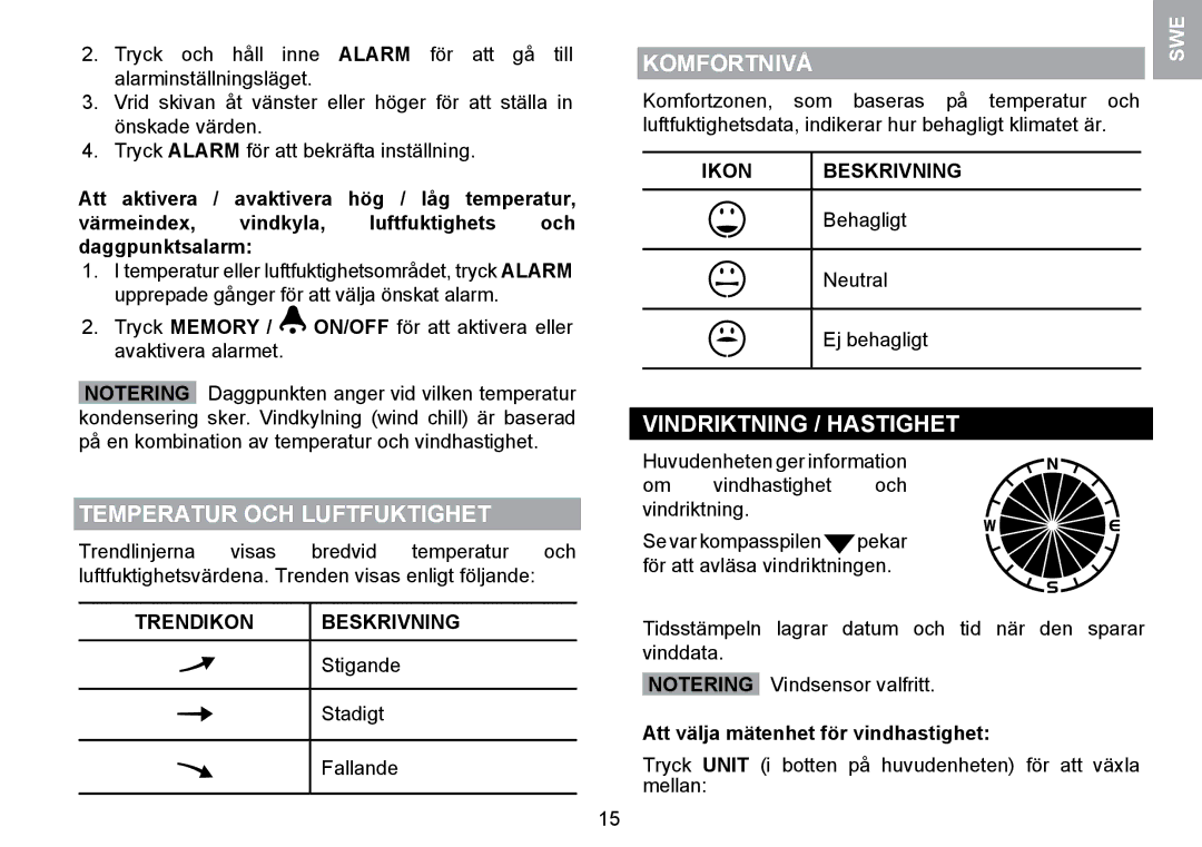 Oregon Scientific WMR100TH user manual Komfortnivå, Vindriktning / Hastighet, Trendikon Beskrivning, Behagligt 