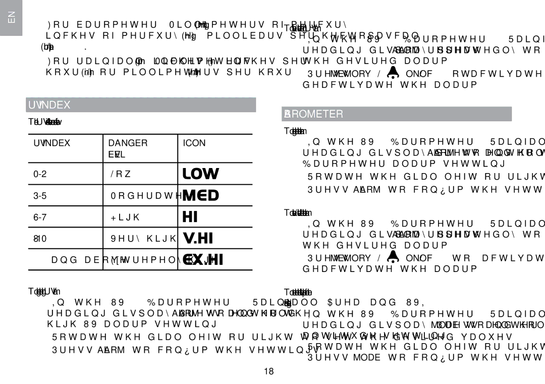 Oregon Scientific WMR100TH user manual Barometer, UV Index Icon Level 