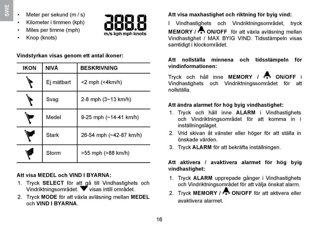 Oregon Scientific WMR100TH user manual Vindstyrkan visas genom ett antal ikoner, Ikon Nivå Beskrivning 