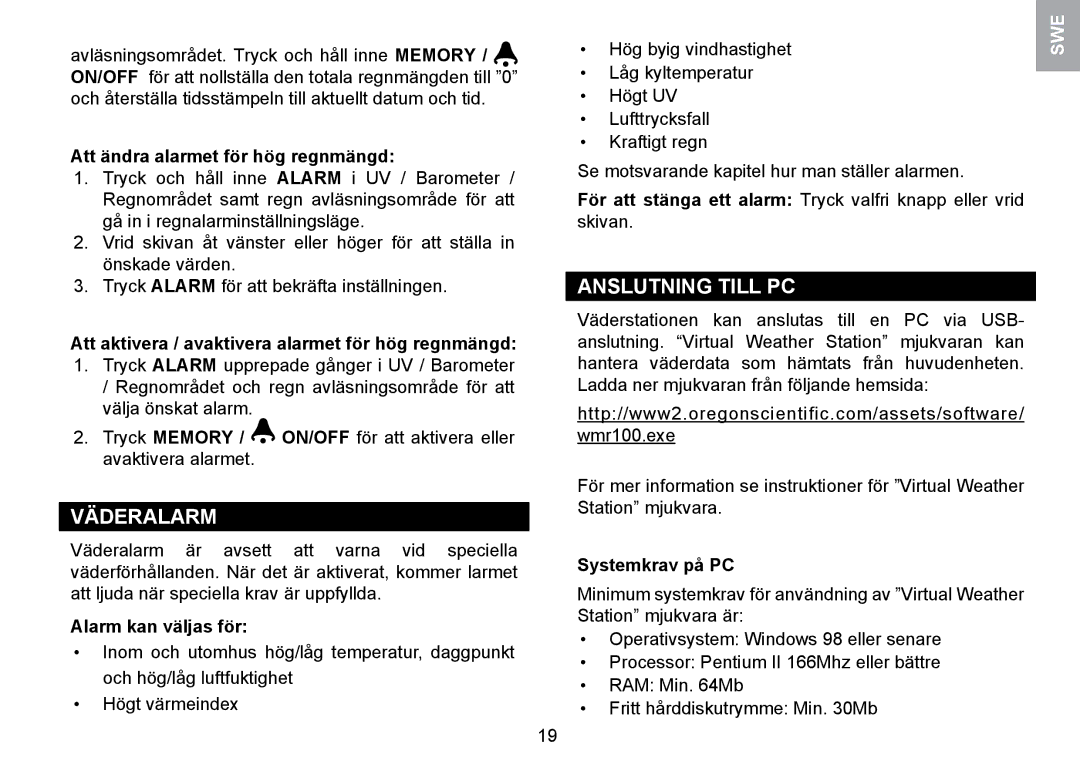 Oregon Scientific WMR100TH user manual Väderalarm, Anslutning Till PC 