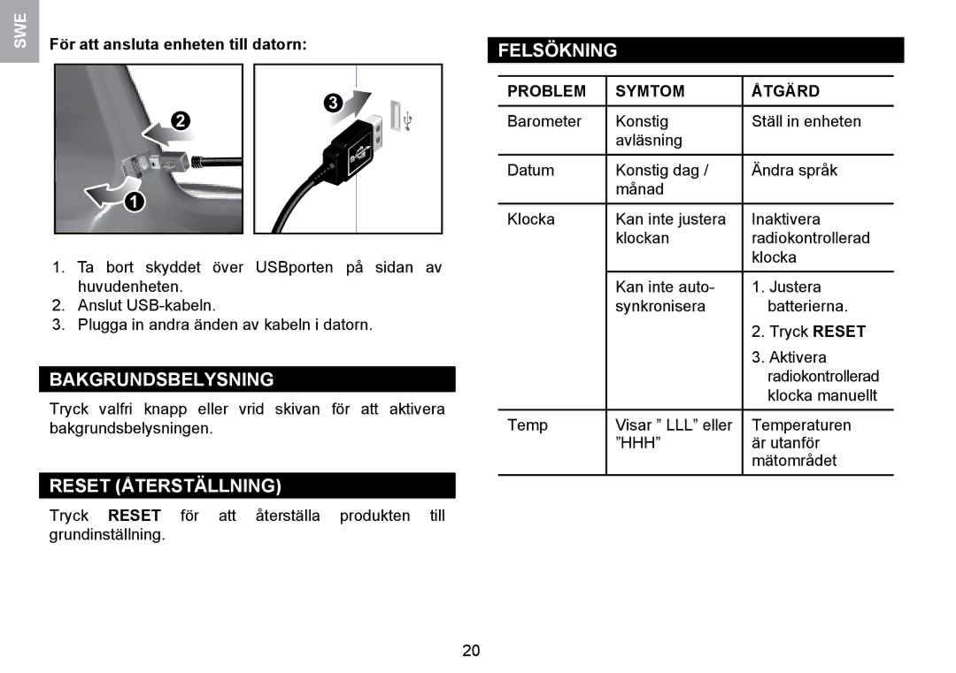 Oregon Scientific WMR100TH user manual Bakgrundsbelysning, Reset Återställning, Felsökning, Problem Symtom Åtgärd 