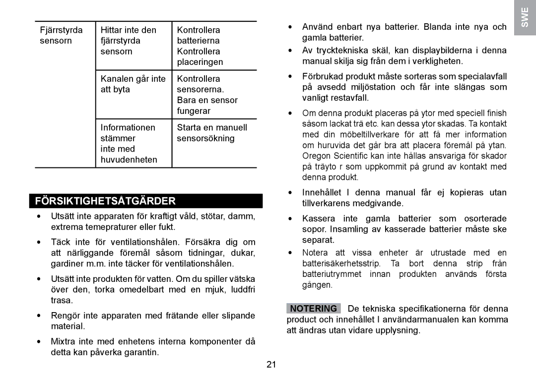 Oregon Scientific WMR100TH user manual Försiktighetsåtgärder 