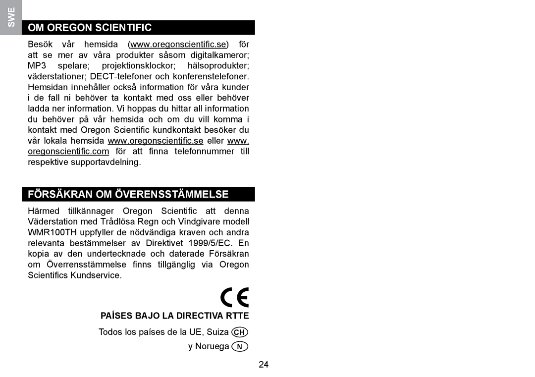 Oregon Scientific WMR100TH user manual OM Oregon Scientific Försäkran OM Överensstämmelse, Países Bajo LA Directiva Rtte 