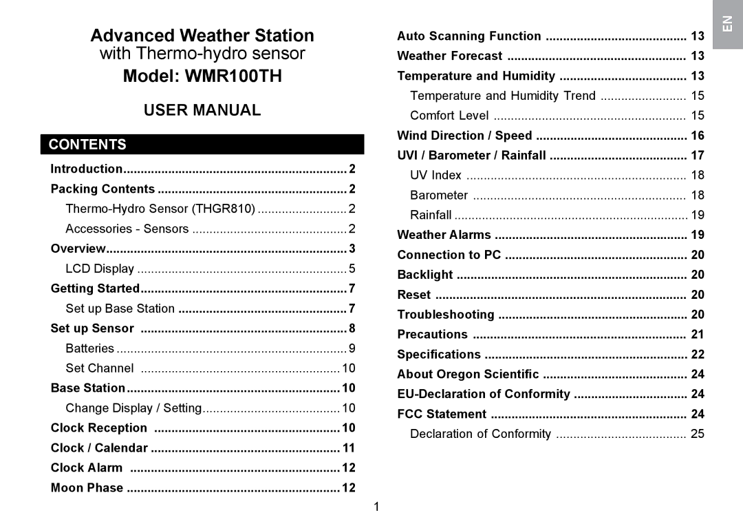Oregon Scientific WMR100TH user manual With Thermo-hydro sensor, Contents 
