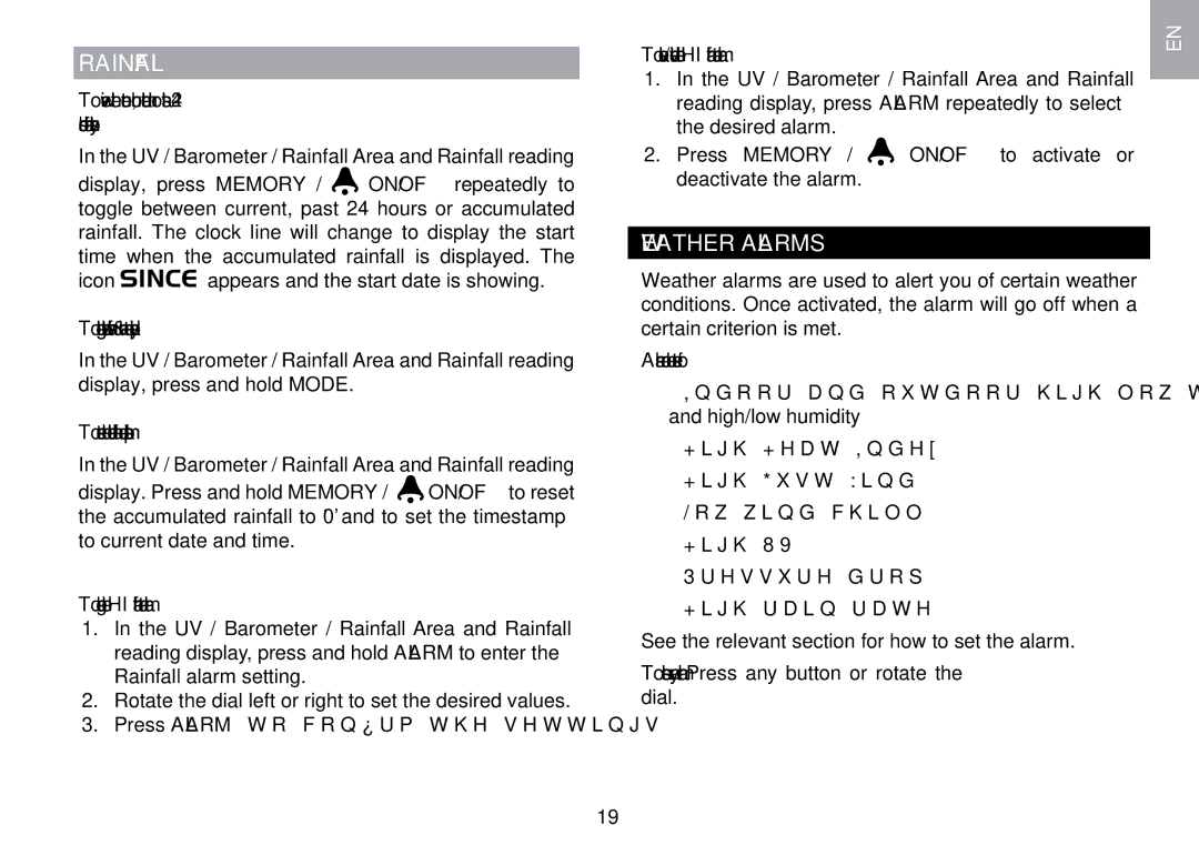 Oregon Scientific WMR100TH user manual Rainfall, Weather Alarms 