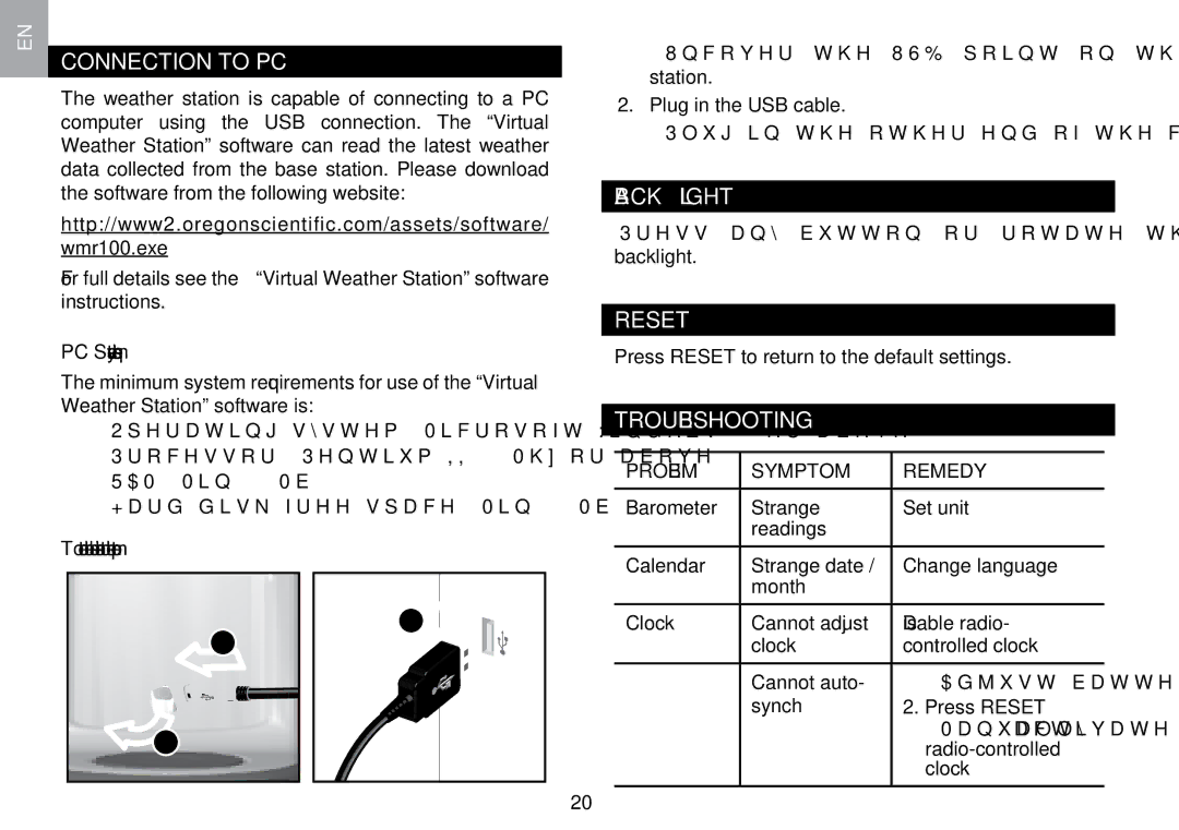 Oregon Scientific WMR100TH user manual Connection to PC, Backlight, Reset, Troubleshooting, Problem Symptom Remedy 