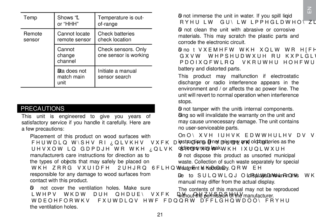 Oregon Scientific WMR100TH user manual Precautions 