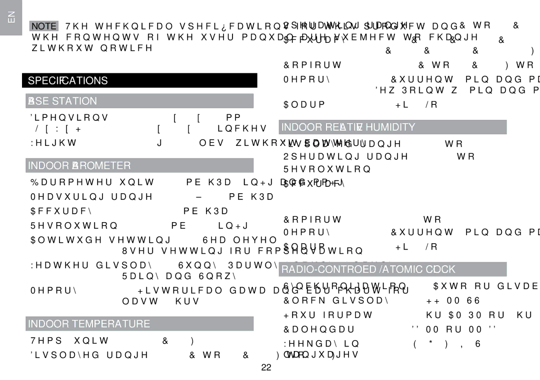 Oregon Scientific WMR100TH Specifications Base Station, Indoor Barometer, Indoor Temperature, Indoor Relative Humidity 