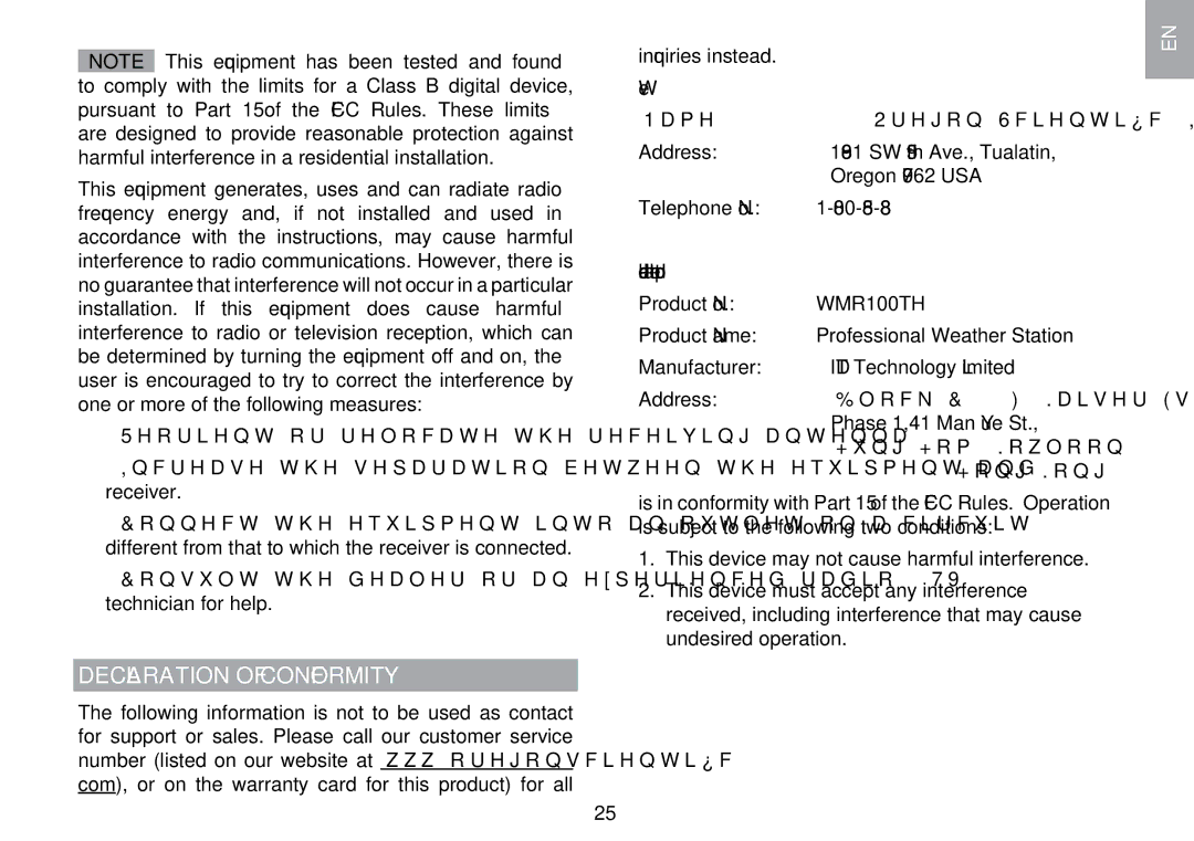 Oregon Scientific WMR100TH user manual Declaration of Conformity, Declare that the product 