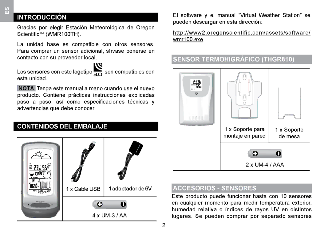 Oregon Scientific WMR100TH Introducción, Contenidos DEL Embalaje, Sensor Termohigráfico THGR810, Accesorios Sensores 