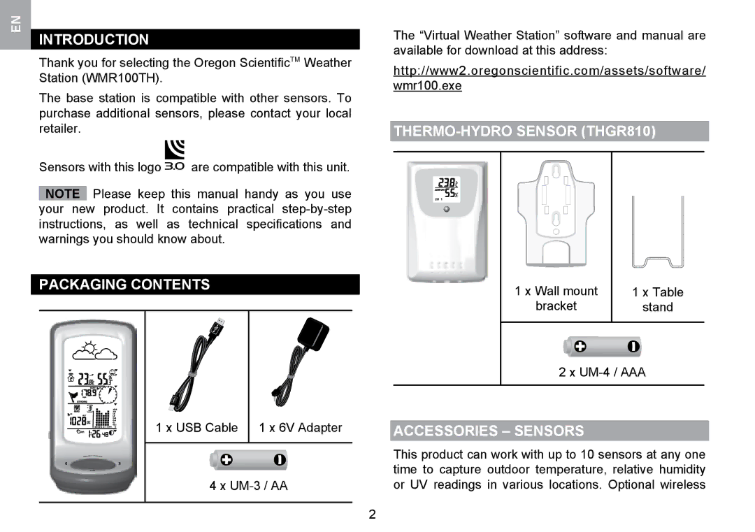 Oregon Scientific WMR100TH user manual Introduction, Packaging Contents, THERMO-HYDRO Sensor THGR810, Accessories Sensors 