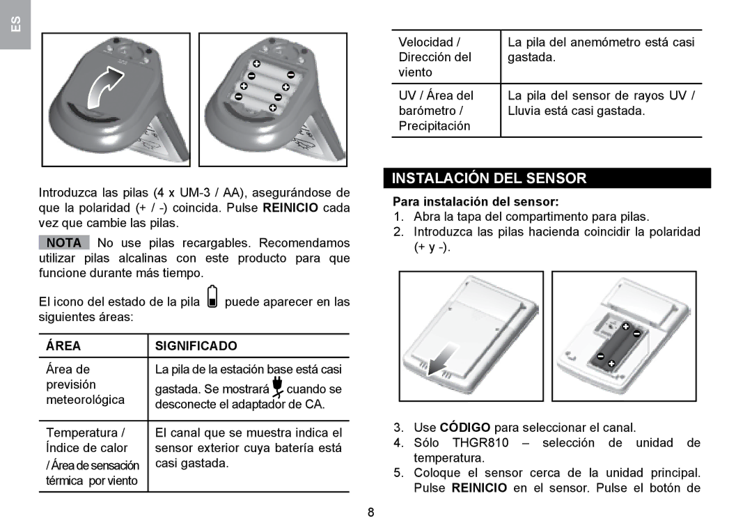 Oregon Scientific WMR100TH user manual Instalación DEL Sensor, Área Significado, Para instalación del sensor 