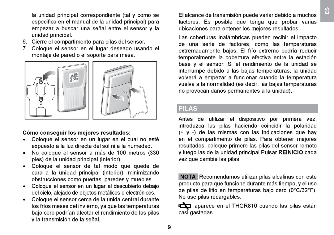 Oregon Scientific WMR100TH user manual Pilas, Cómo conseguir los mejores resultados 