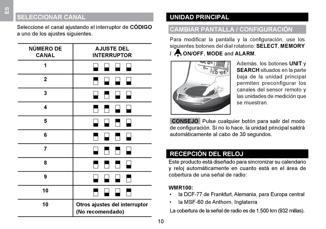 Oregon Scientific WMR100TH Seleccionar Canal, Unidad Principal Cambiar Pantalla / Configuración, Recepción DEL Reloj 