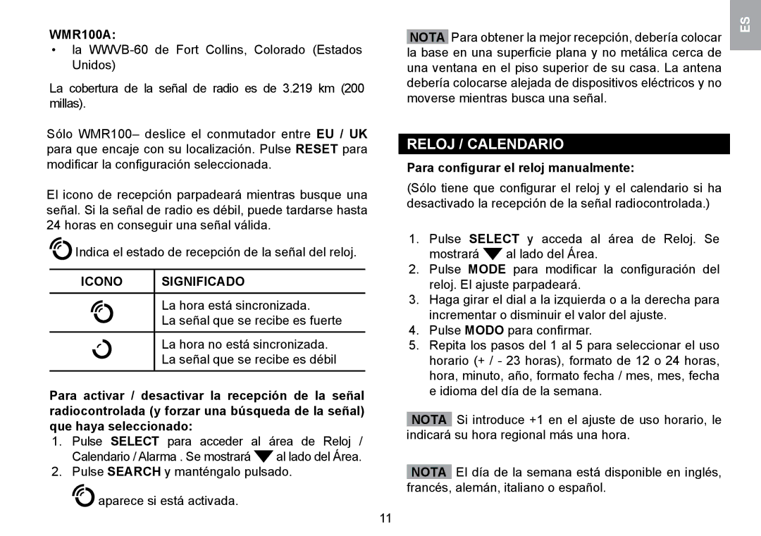 Oregon Scientific WMR100TH user manual Reloj / Calendario, Icono Significado, Nota, Para conﬁgurar el reloj manualmente 