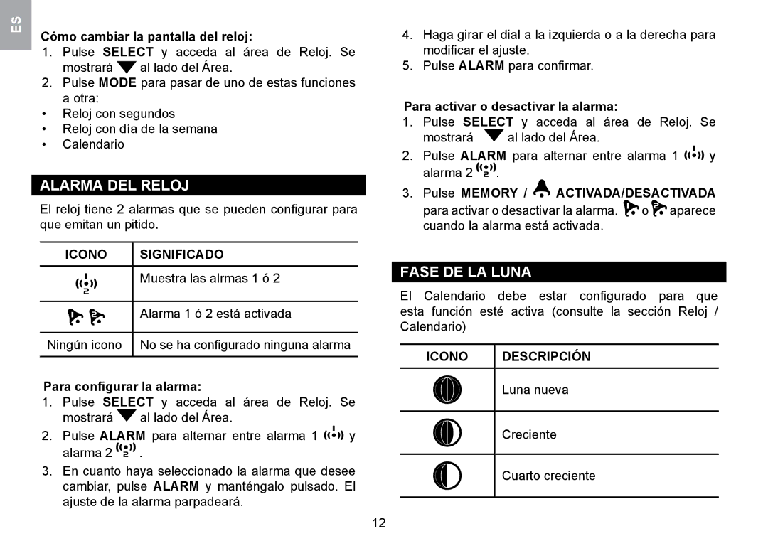 Oregon Scientific WMR100TH user manual Alarma DEL Reloj, Fase DE LA Luna, Icono Descripción 