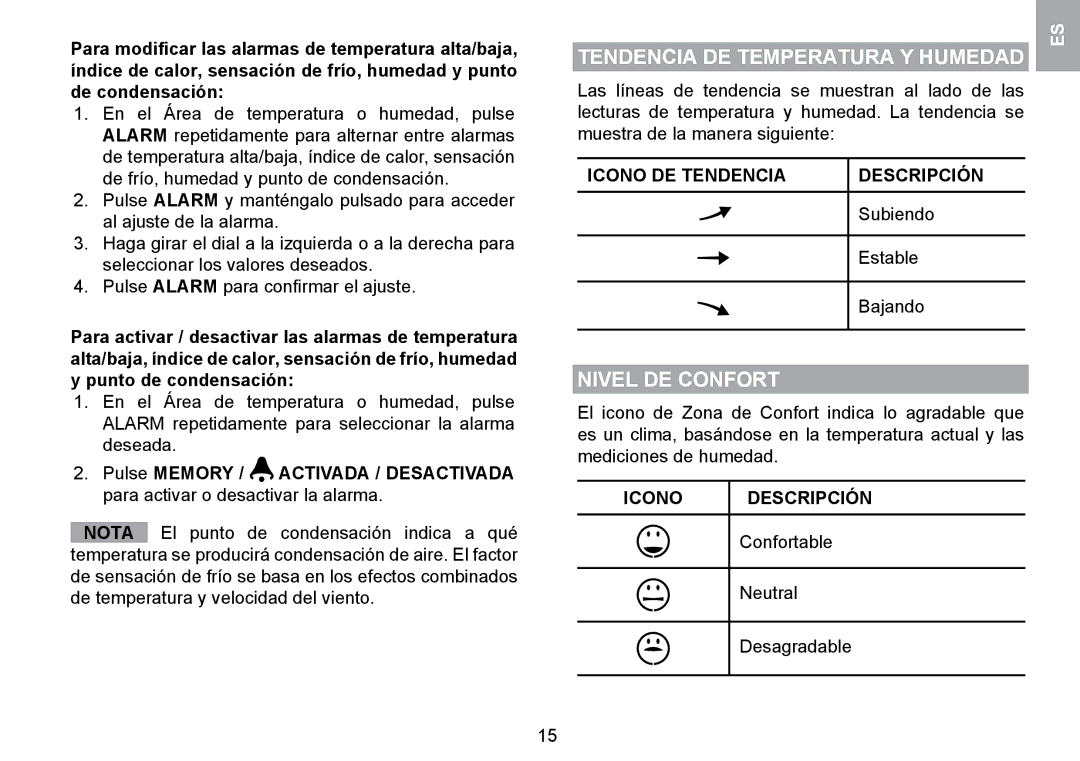 Oregon Scientific WMR100TH user manual Nivel DE Confort, Icono DE Tendencia Descripción 