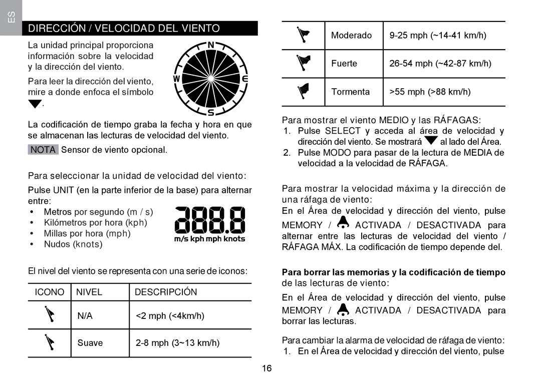 Oregon Scientific WMR100TH user manual ES Dirección / Velocidad DEL Viento, Icono Nivel Descripción 