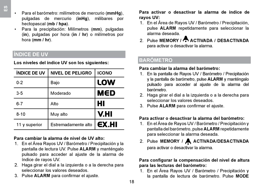 Oregon Scientific WMR100TH user manual Barómetro, Índice DE UV Nivel DE Peligro Icono 