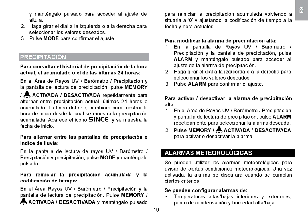 Oregon Scientific WMR100TH user manual Precipitación, Alarmas Meteorológicas 