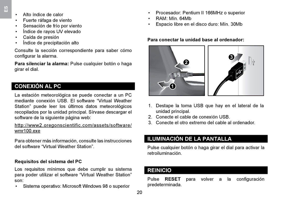 Oregon Scientific WMR100TH user manual Conexión AL PC, Iluminación DE LA Pantalla, Reinicio, Requisitos del sistema del PC 