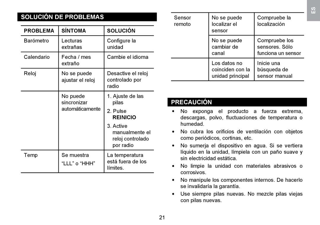 Oregon Scientific WMR100TH user manual Solución DE Problemas, Precaución, Problema Síntoma Solución, Reinicio 