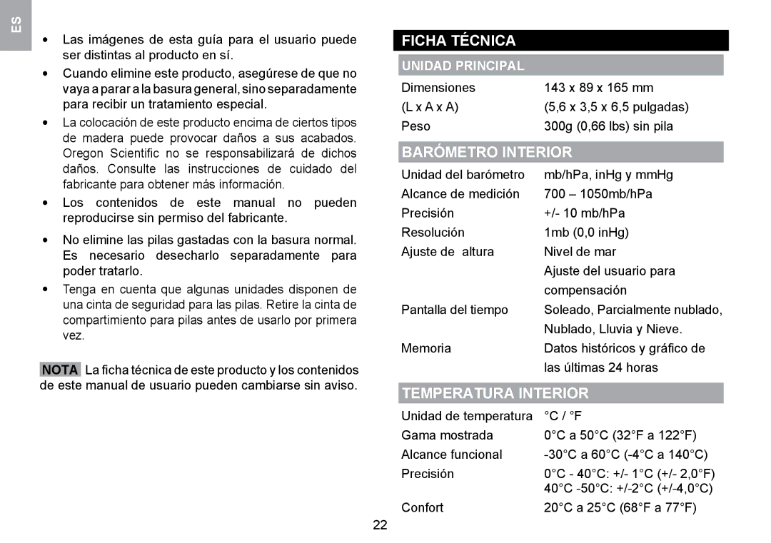 Oregon Scientific WMR100TH user manual Ficha Técnica, Barómetro Interior, Temperatura Interior 