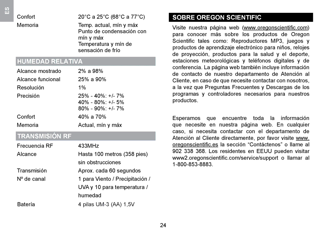 Oregon Scientific WMR100TH user manual Humedad Relativa, Transmisión RF, Sobre Oregon Scientific 