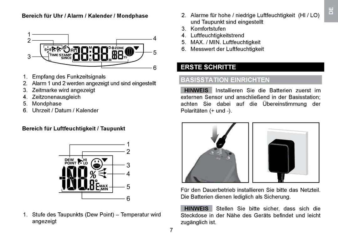 Oregon Scientific WMR100TH Erste Schritte Basisstation Einrichten, Bereich für Uhr / Alarm / Kalender / Mondphase 