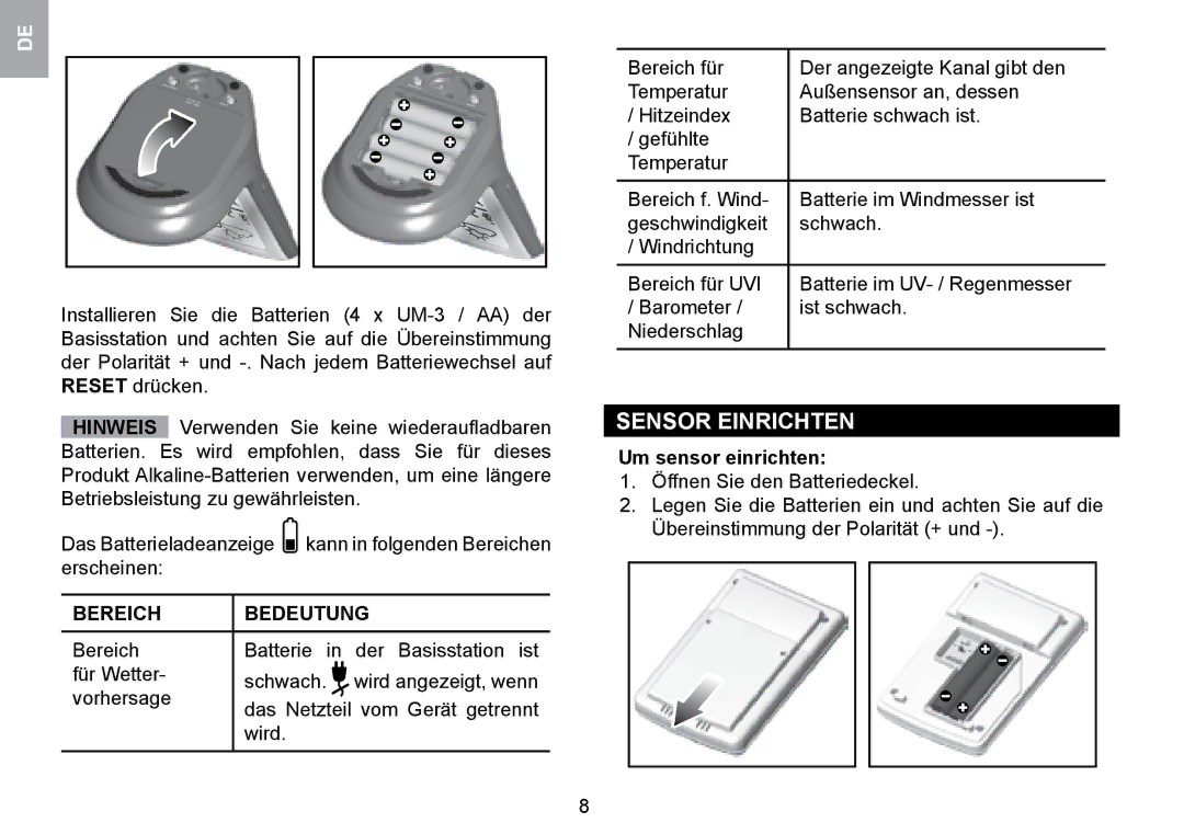 Oregon Scientific WMR100TH user manual Sensor Einrichten, Bereich Bedeutung, Um sensor einrichten 