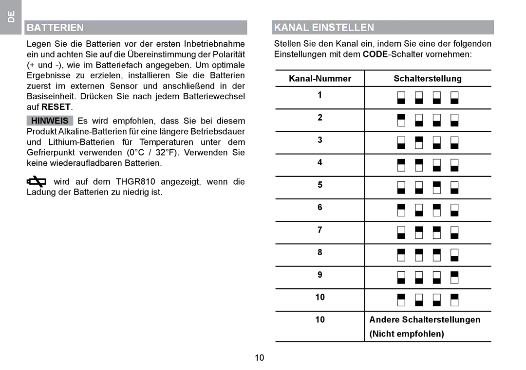 Oregon Scientific WMR100TH user manual Batterien, Kanal Einstellen, Hinweis 