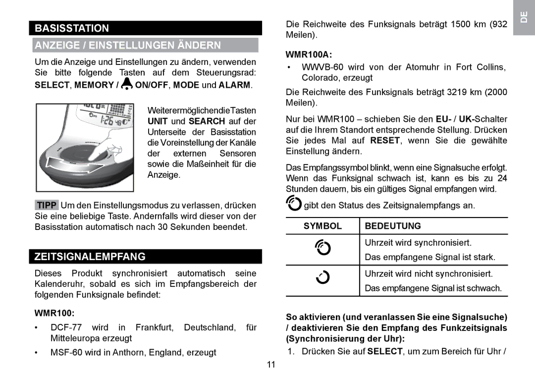 Oregon Scientific WMR100TH user manual Basisstation Anzeige / Einstellungen Ändern, Zeitsignalempfang, Symbol Bedeutung 