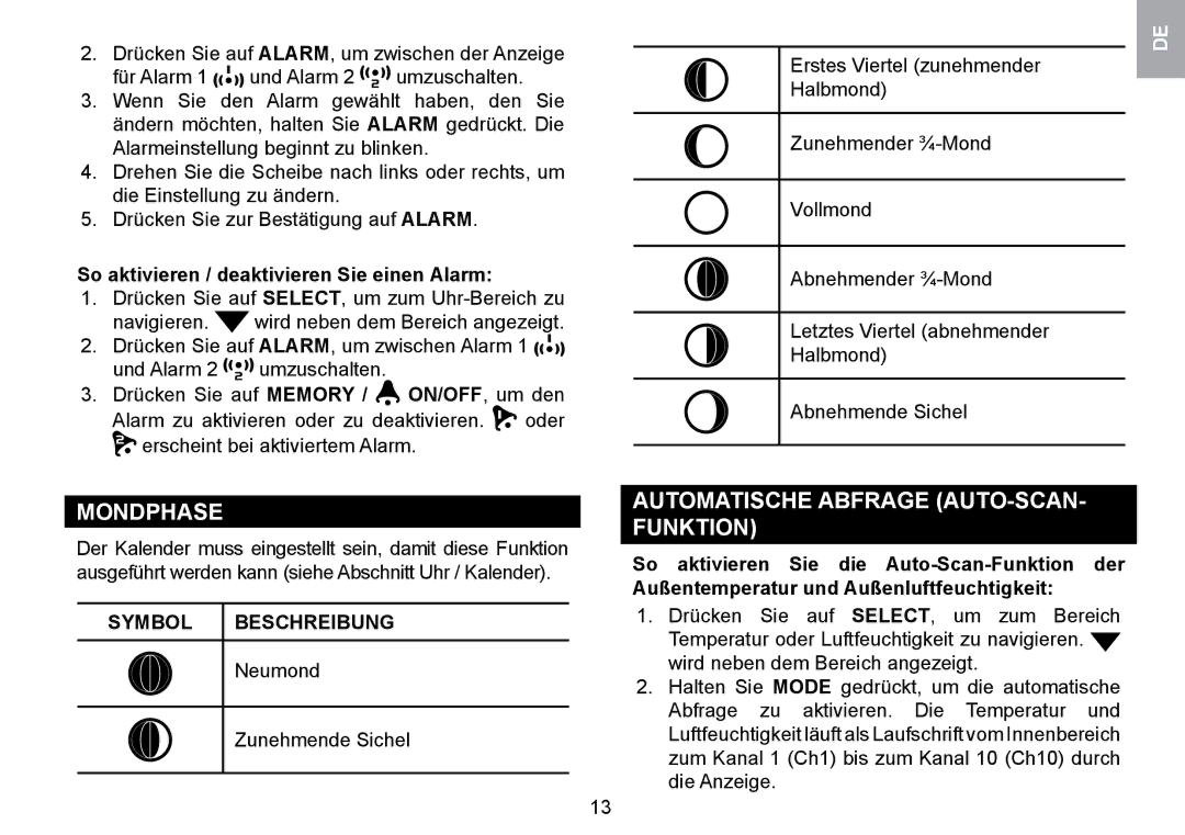Oregon Scientific WMR100TH user manual Mondphase, Automatische Abfrage AUTO-SCAN Funktion, Symbol Beschreibung 