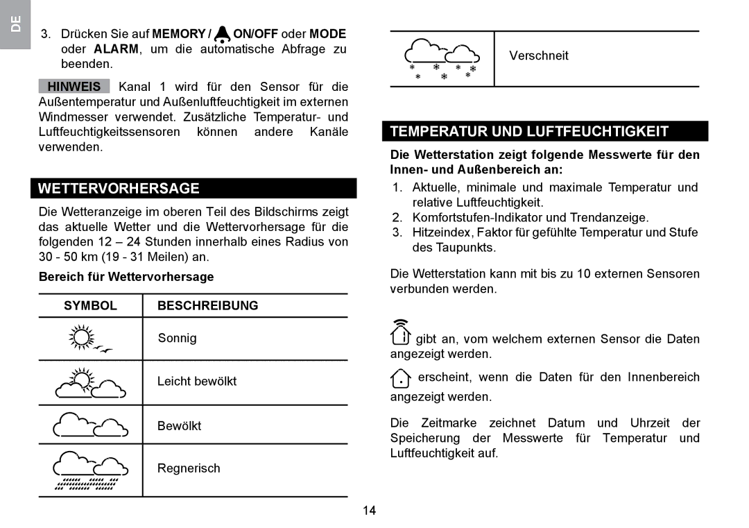 Oregon Scientific WMR100TH user manual Temperatur UND Luftfeuchtigkeit, Bereich für Wettervorhersage 