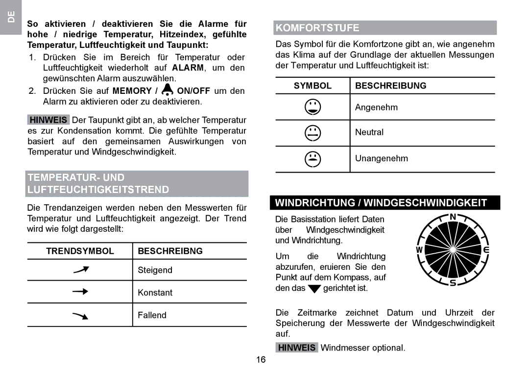 Oregon Scientific WMR100TH TEMPERATUR- UND Luftfeuchtigkeitstrend, Komfortstufe, Windrichtung / Windgeschwindigkeit 