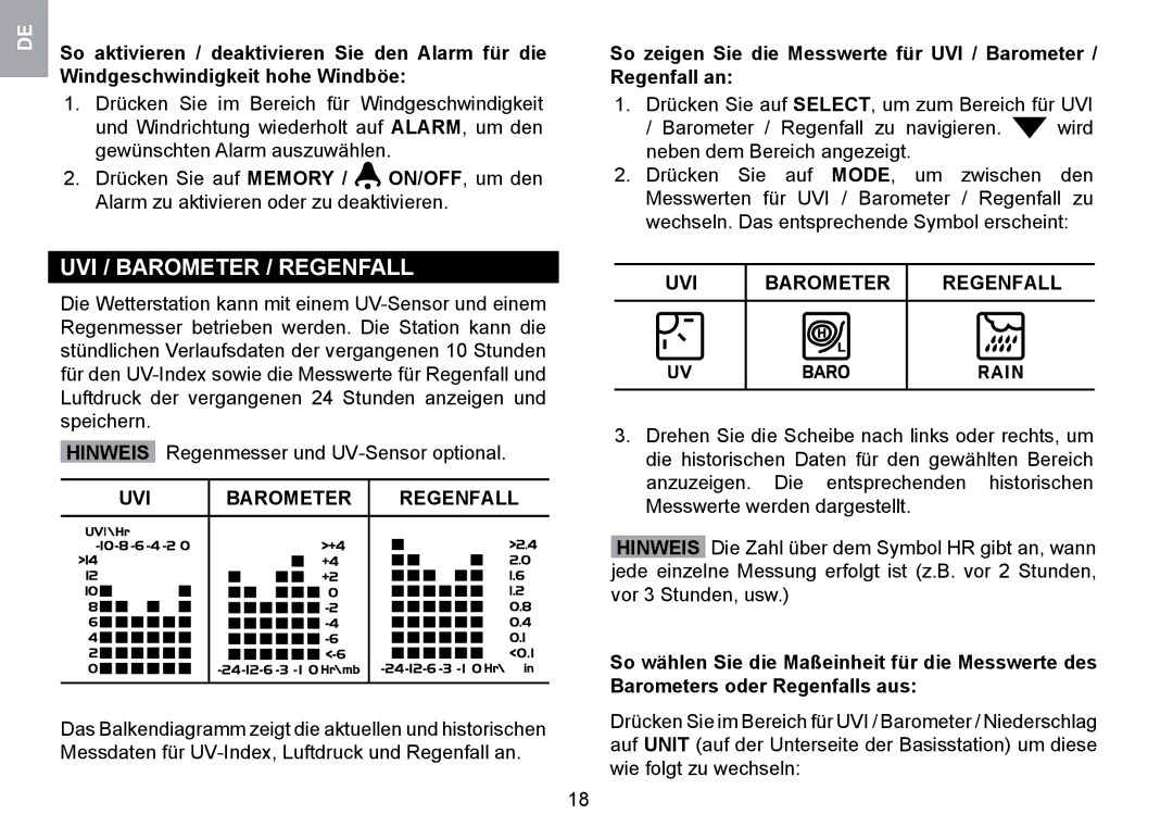 Oregon Scientific WMR100TH user manual UVI / Barometer / Regenfall, UVI Barometer Regenfall 