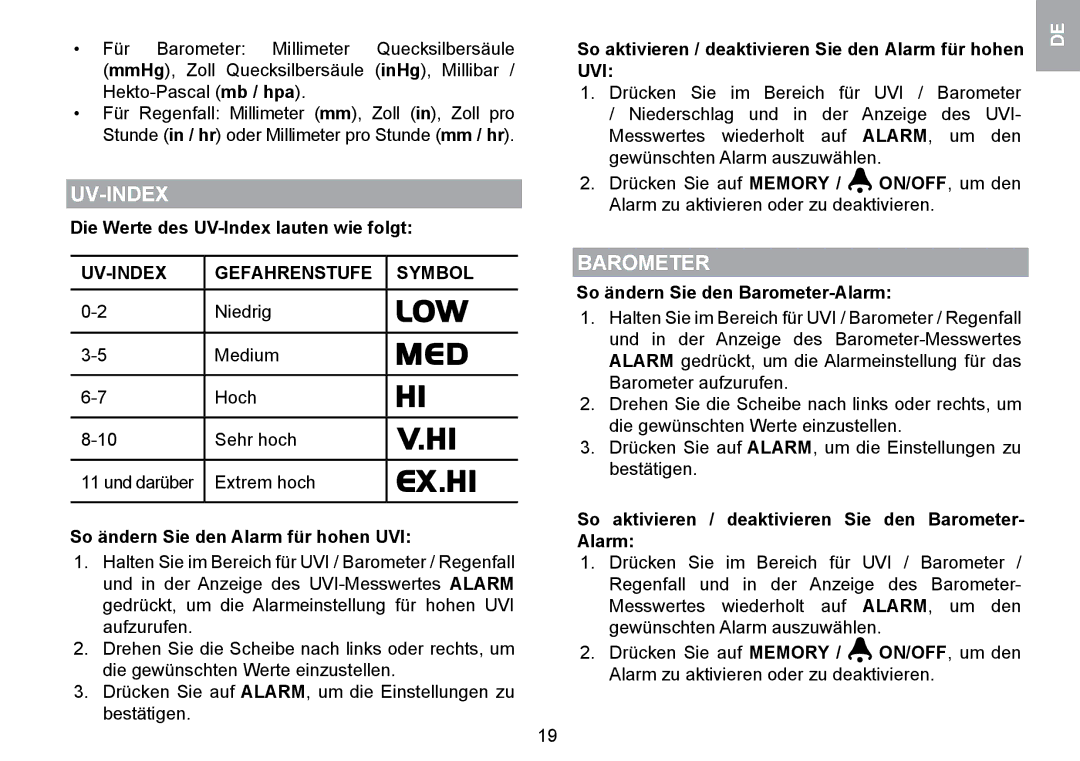 Oregon Scientific WMR100TH user manual Uv-Index, UV-INDEX Gefahrenstufe Symbol 