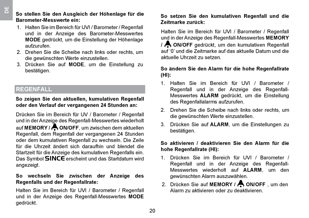 Oregon Scientific WMR100TH user manual So ändern Sie den Alarm für die hohe Regenfallrate HI 