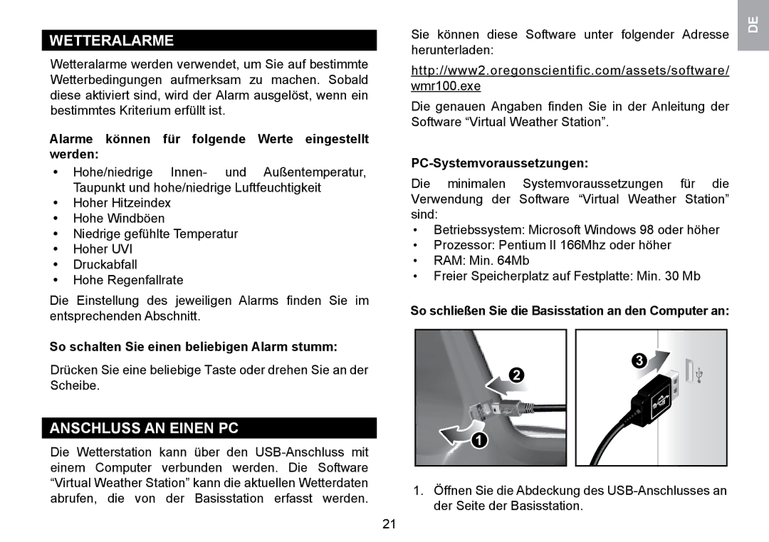 Oregon Scientific WMR100TH user manual Wetteralarme, Anschluss AN Einen PC 