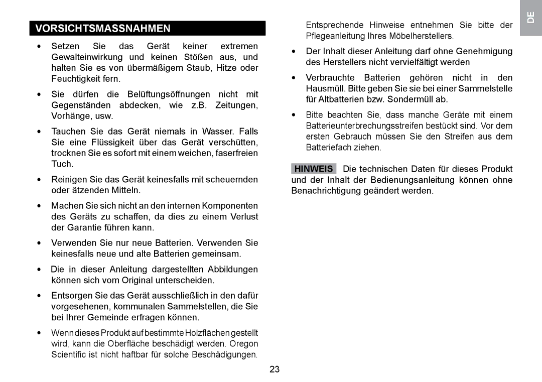 Oregon Scientific WMR100TH user manual Vorsichtsmassnahmen 