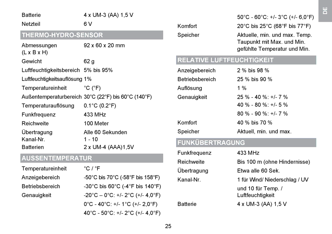 Oregon Scientific WMR100TH user manual Thermo-Hydro-Sensor, Aussentemperatur, Relative Luftfeuchtigkeit, Funkübertragung 