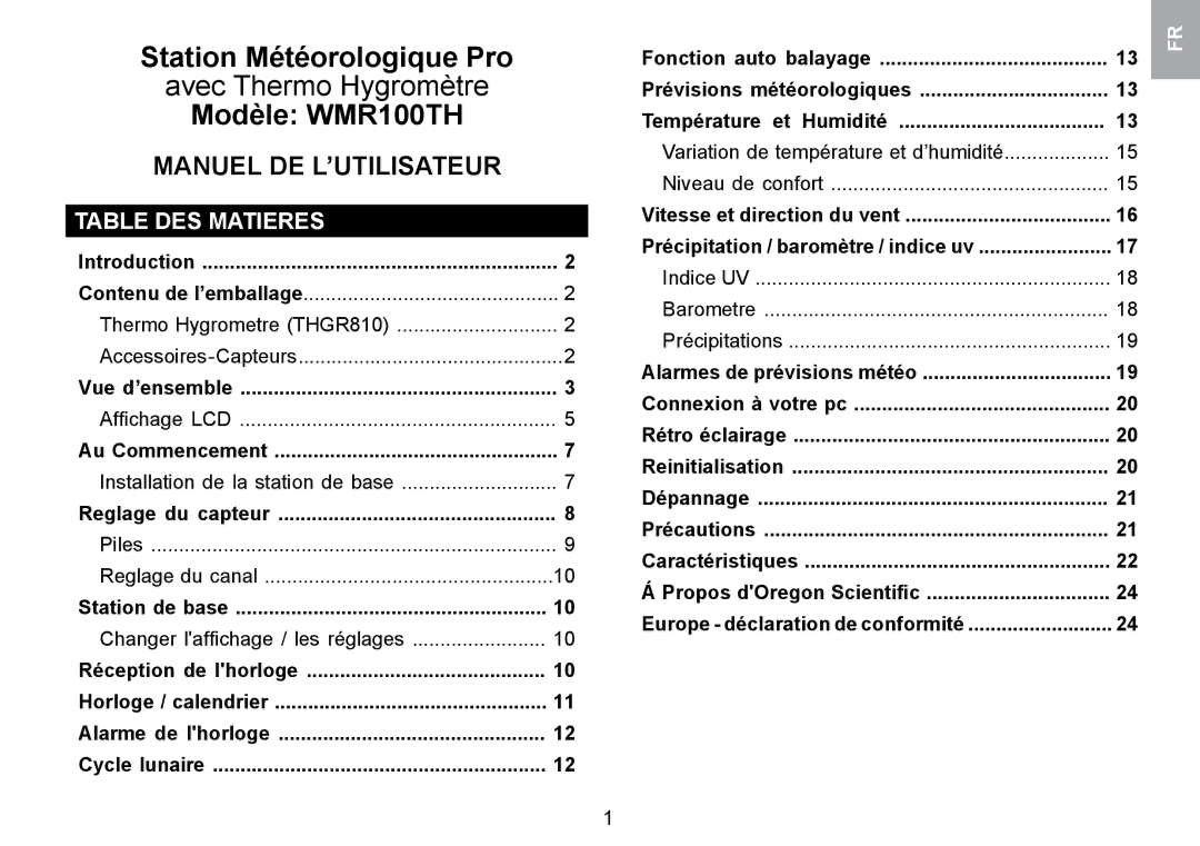 Oregon Scientific WMR100TH user manual Table DES Matieres, Changer lafﬁchage / les réglages 