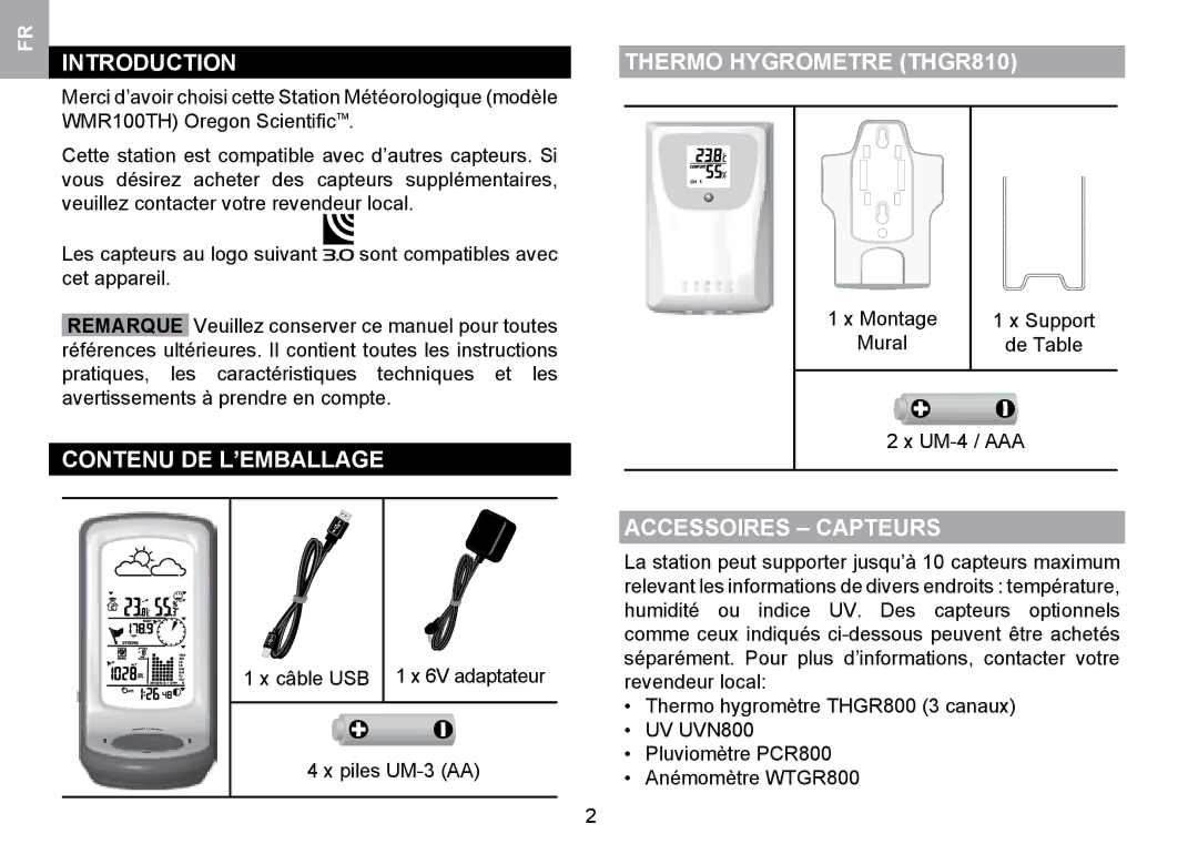 Oregon Scientific WMR100TH user manual Contenu DE L’EMBALLAGE, Thermo Hygrometre THGR810, Accessoires Capteurs 