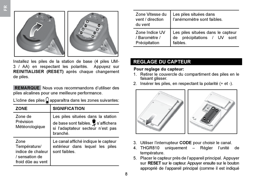 Oregon Scientific WMR100TH user manual Reglage DU Capteur, Zone Signification, Pour reglage du capteur 