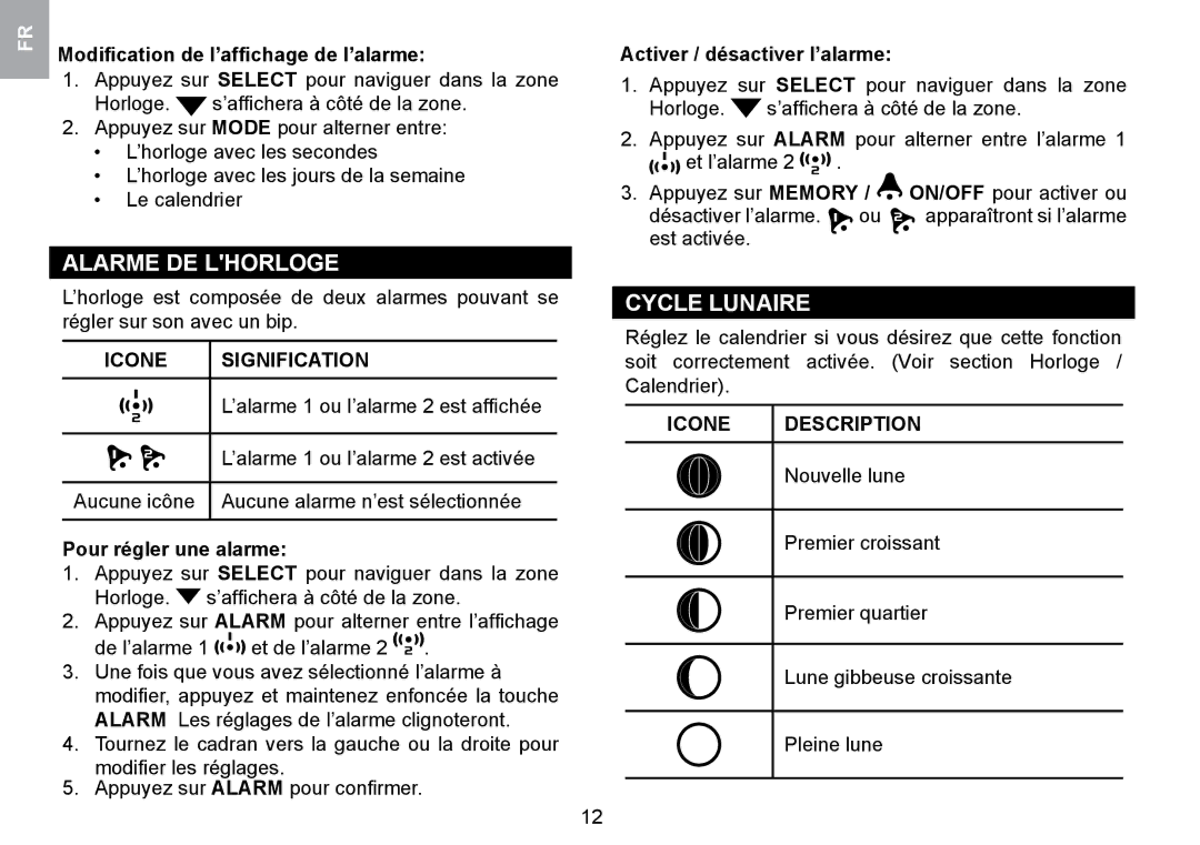 Oregon Scientific WMR100TH user manual Alarme DE Lhorloge, Cycle Lunaire, Icone Description 