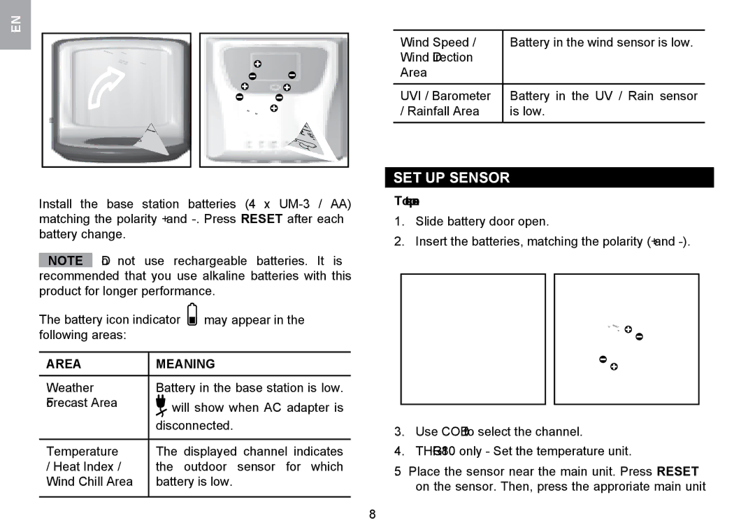 Oregon Scientific WMR100TH user manual SET UP Sensor, Area Meaning, To set up sensor 