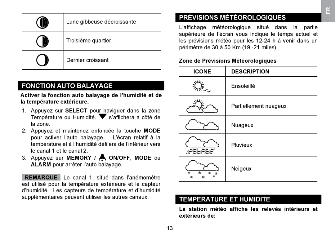 Oregon Scientific WMR100TH user manual Fonction Auto Balayage, Temperature ET Humidite, Zone de Prévisions Météorologiques 