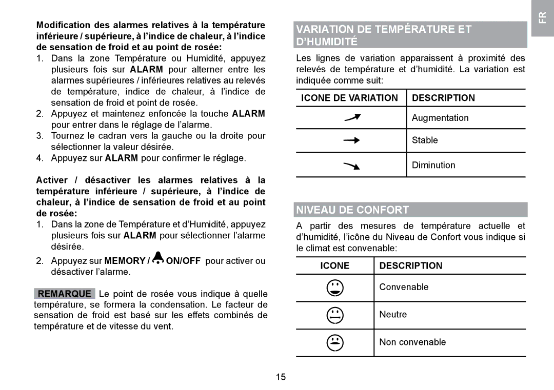 Oregon Scientific WMR100TH user manual ’Humidité, Niveau DE Confort, Icone DE Variation Description 